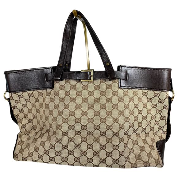 Gucci GG Canvas Brown Leather Tote Shoulder Bag 106251 - Picture 1 of 8